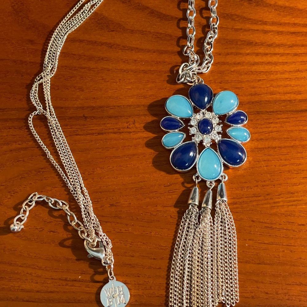 White House Black Market Blue Tone Stones & Rhinestones- Necklace- Silver Tone
